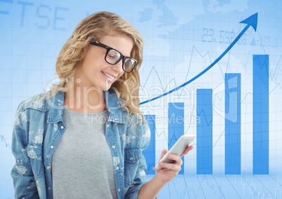 Woman with phone against blue graph