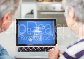 Old Couple using Tablet with Shopping trolley icon