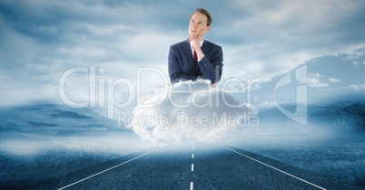 Digitally generated image of thoughtful businessman on cloud over road in sky