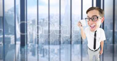 Digital composite image of nerd businessman holding coffee cup in office