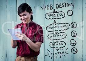 Man with notepad against website mock up and blue wood panel