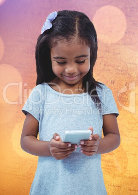 Girl with phone against map with bokeh