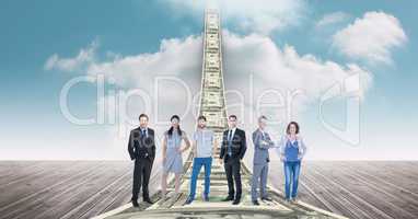 Digital composite image of business people standing on money