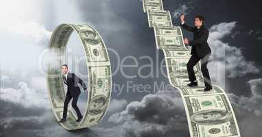 Digital composite image of businessmen standing on money