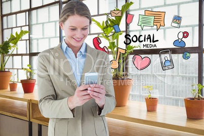 Digitally generated image of smiling businesswoman using phone with various icons
