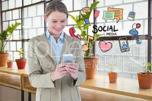 Digitally generated image of smiling businesswoman using phone with various icons