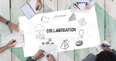 Collaboration text with icons and business people's hands