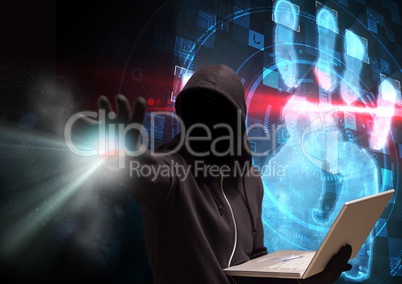 Black jumper hacker with out face sit with the computer. hand scan background