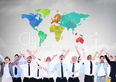Business people celbrating success under Colorful Map with cloud background