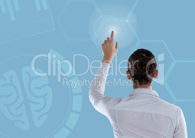 Woman touching interface with blue brain background