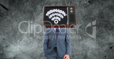 TV on businessman's head with WiFi sign