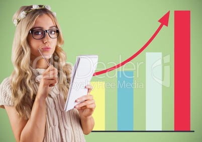 Woman with flowers in hair and notebook against colourful graph and green background