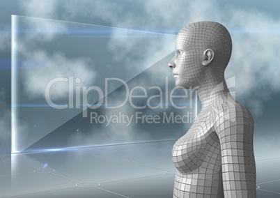 3D white female AI against glass screen and clouds