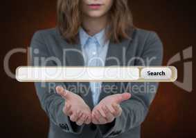 Woman with open hands and Search Bar with brown background