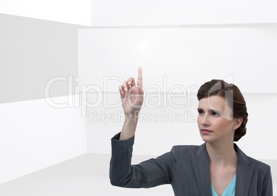 woman pointing with minimal bright background