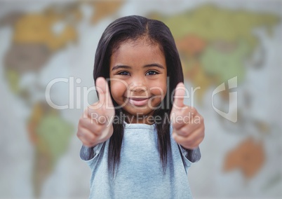 Girl with two thumbs up against blurry map