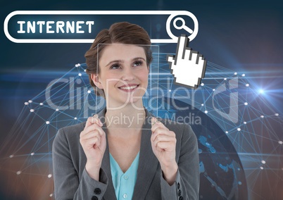 Search Bar with internet text and woman holding glass tablet