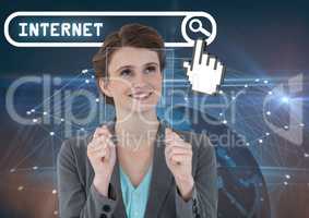 Search Bar with internet text and woman holding glass tablet