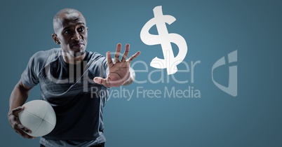Rugby player with hand out towards dollar sign against blue background