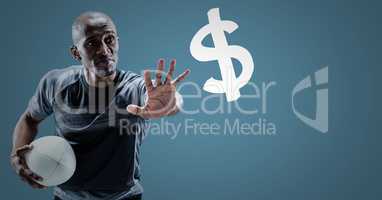 Rugby player with hand out towards dollar sign against blue background