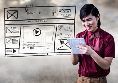 Business man with notebook against website mock up and cloudy sky