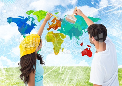 Couple painting Colorful Map with bright sky background