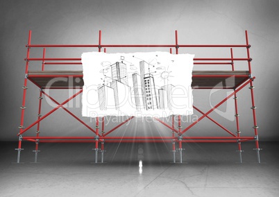 Paper with building doodle against scaffolding in grey room