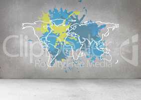 Colorful Map with paint splattered wall background