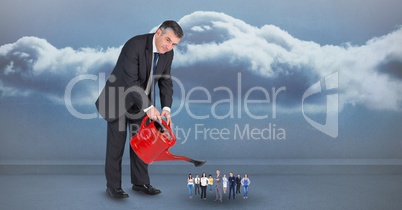 Digital composite image of manager watering employees against cloudy sky