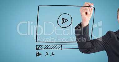 Business man with marker and website mock up against blue background