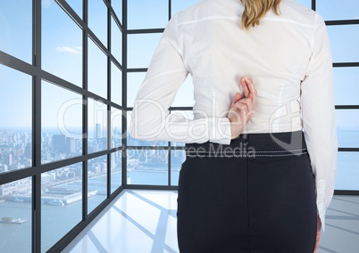 Business woman looking the landsacape with his fingers crossed