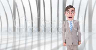 Happy nerd businessman standing in office