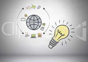 Colourful lightbulb with online business shop graphic drawings