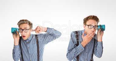 Multiple image of man listening through glass