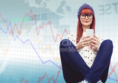 Woman with phone and legs crossed against blue graph