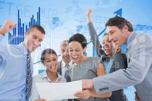 Digitally generated image of cheerful business people reading document with graph in background