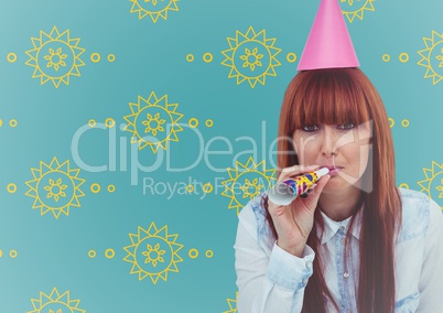 Woman in party hat against yellow sun pattern and blue background