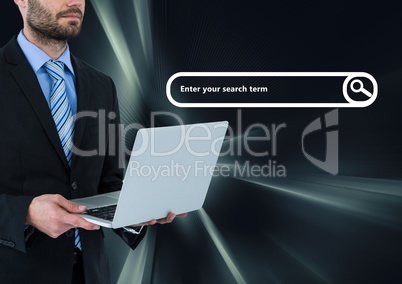 Man on laptop with search bar and dark virtual background