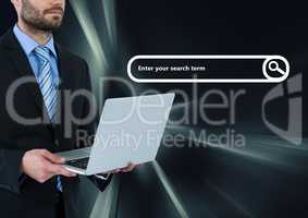 Man on laptop with search bar and dark virtual background