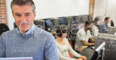 Digital composite image of math equation with smiling business people in office
