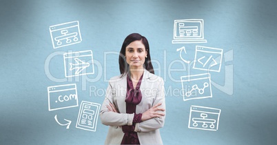 Digitally generated image of businesswoman amidst various icons against turquoise background