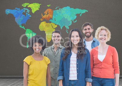Group of colouful people under Colorful Map with brown wall background