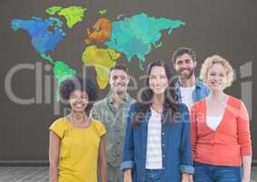 Group of colouful people under Colorful Map with brown wall background