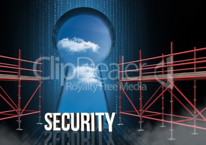 Security Text with 3D Scaffolding and keyhole sky