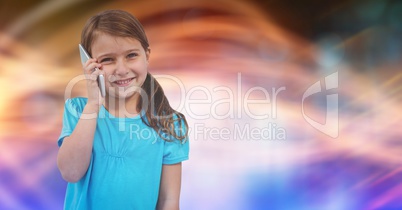 Happy female using smart phone over blurred background