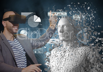 Smiling man touching 3d human figure while wearing VR glasses