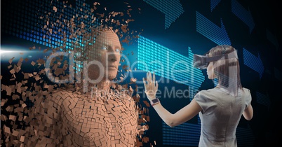 Businesswoman wearing VR glasses while touching 3d human on screen