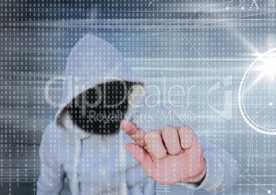 Grey jumper hacker with out face. Grey and binary code background