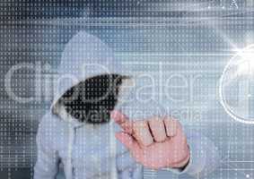 Grey jumper hacker with out face. Grey and binary code background