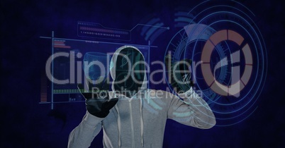 Digital composite image of hacker touching virtual screen